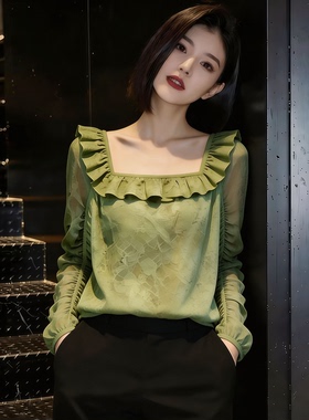 欧货高端定制牛油果绿色大码上衣女2026夏季新款轻熟慵懒提花衬衫