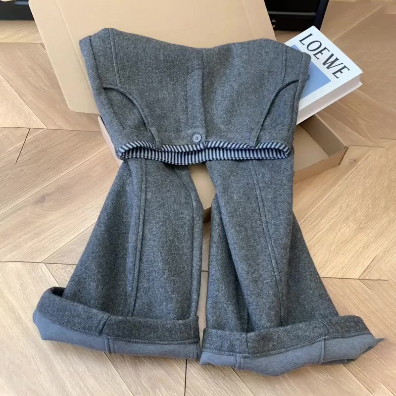 高端定制浅灰色毛呢窄版直筒裤女