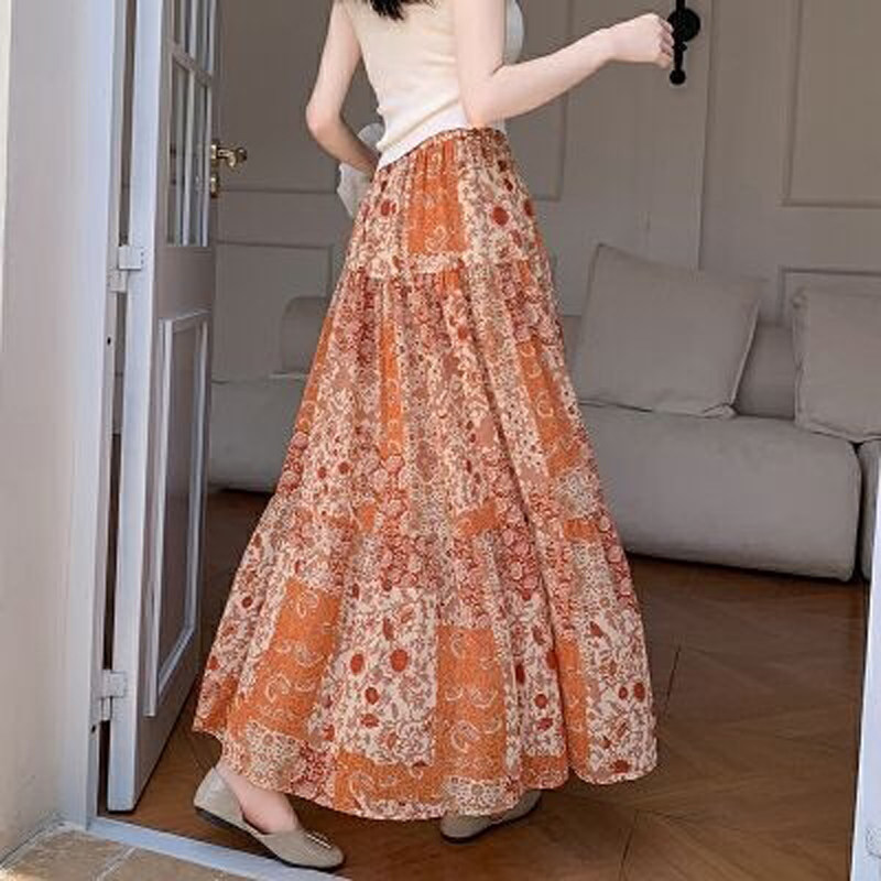 欧货高端定制橙底白花拼接大码半身裙女2026早春新款文艺风蛋糕裙,女装/女士精品,大码半身裙,淘宝优惠券,粉丝福利购,淘宝优惠卷