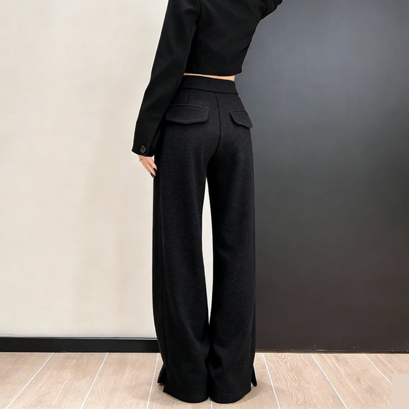 欧货高端定制黑色毛呢大码阔腿裤女2026早春新款慵懒风休闲直筒裤,女装/女士精品,大码裤装,淘宝优惠券,粉丝福利购,淘宝优惠卷