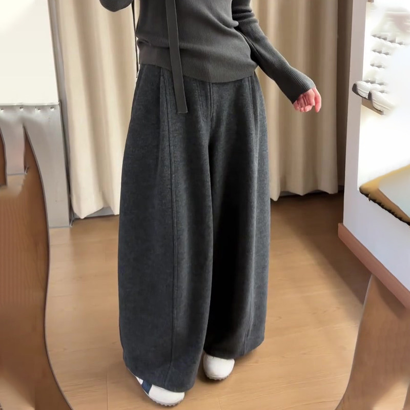 欧货高端定制深灰色毛呢大码阔腿裤女2025冬季新款加厚慵懒弯刀裤,女装/女士精品,大码裤装,淘宝优惠券,粉丝福利购,淘宝优惠卷