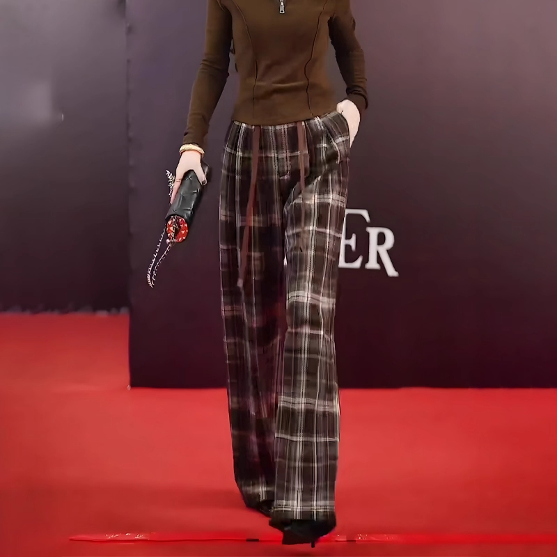 高端定制咖色格纹大码阔腿裤女