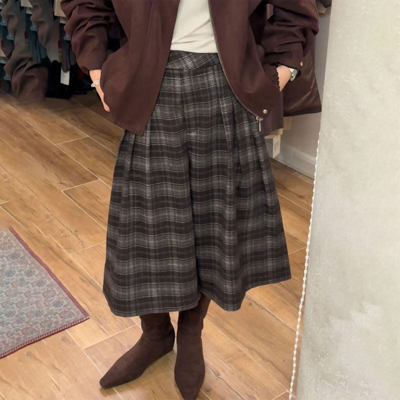高端咖色格纹大码七分阔腿裤女2025冬季新款定制松弛感高级休闲裤,女装/女士精品,大码裤装,淘宝优惠券,粉丝福利购,淘宝优惠卷