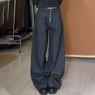 高端定制深灰色大码阔腿裤女2026春夏新款细竖条纹慵懒风弯刀裤子