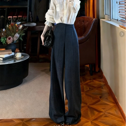 高端定制藏蓝色毛呢格纹阔腿裤女