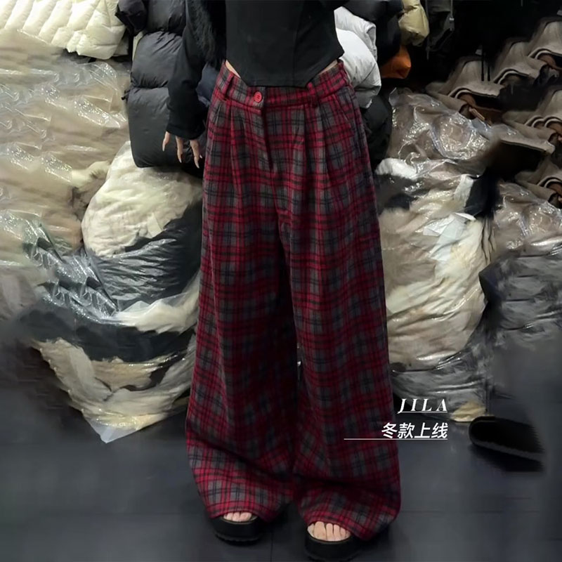 高端定制红色格子大码阔腿裤女
