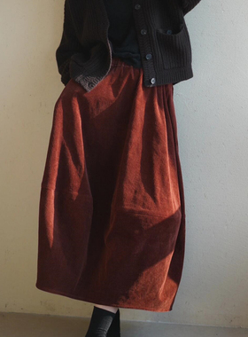 欧货高端定制橘红色灯芯绒大码半身裙女2025冬季新款加厚A字裙子