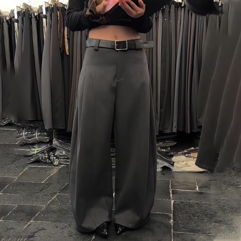 欧货高端定制灰色大码阔腿西装裤