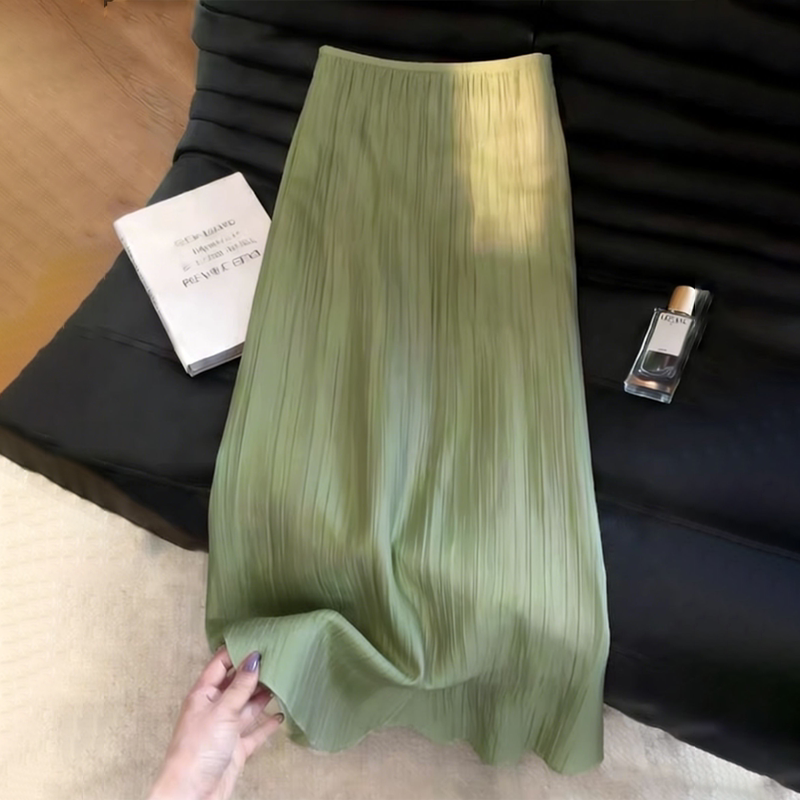 欧货高端定制橄榄绿大码褶皱半身裙女2026夏季新款肌理轻熟A字裙