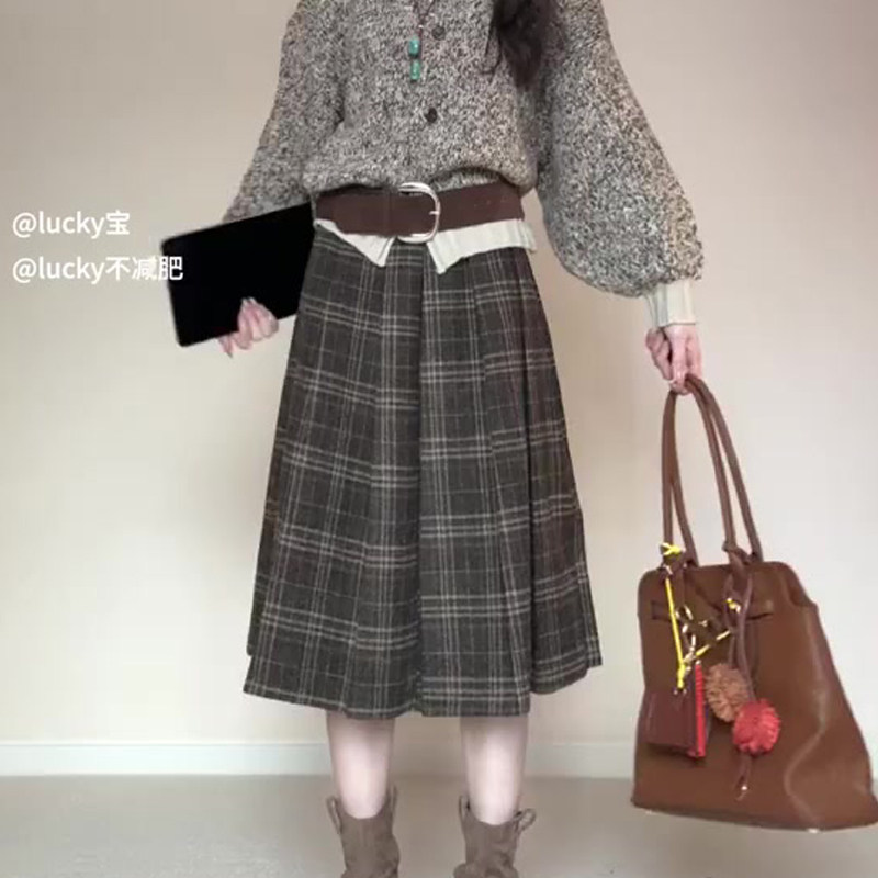 欧货高端定制灰棕色格纹半身裙女