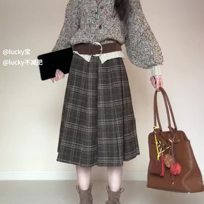 欧货高端定制灰棕色格纹半身裙女