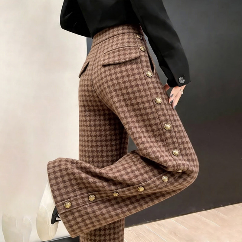 欧货高端定制棕色毛呢千鸟格大码阔腿裤女2026早春新款休闲直筒裤,女装/女士精品,大码裤装,淘宝优惠券,粉丝福利购,淘宝优惠卷
