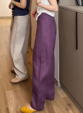 气质紫色亚麻裤女2025年秋季新款高腰显瘦时髦洋气流行百搭阔腿裤