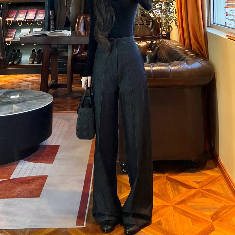 高端定制深灰色毛呢大码西装裤女