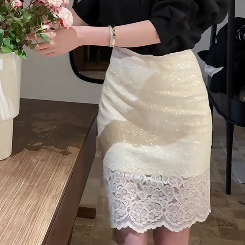 欧货正品米白色蕾丝花边设计感半身裙女2025年夏季新款时尚包臀裙