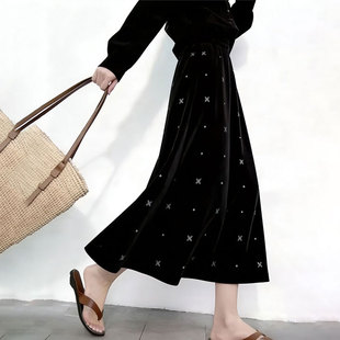 加厚气质A字裙子 新款 欧货高端定制黑色印花大码 半身裙女2025冬季