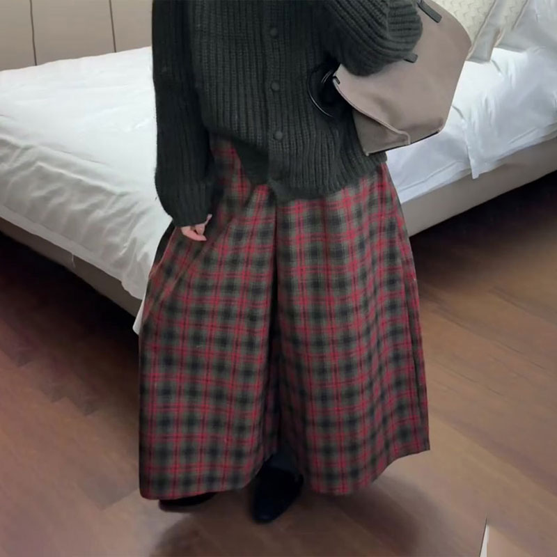 高端定制红色格纹大码阔腿裤女
