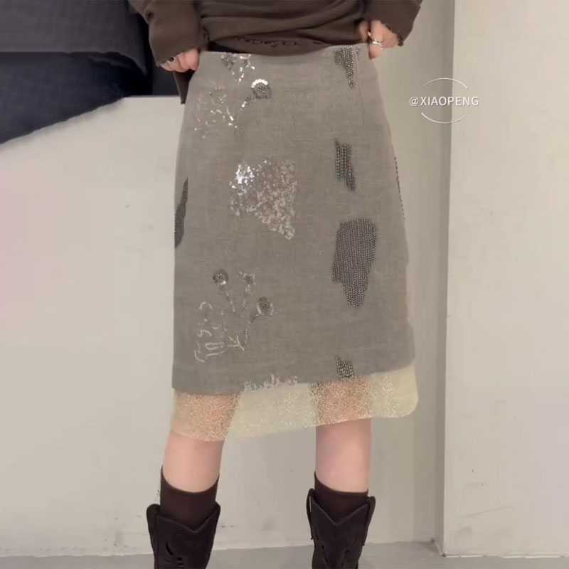 高端定制灰色亮片大码半身裙女2025冬季新款加厚纱网拼接A字中裙