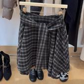 新款 欧货高端定制灰色格纹大码 半身裙女2025冬季 加厚系带A字裙子