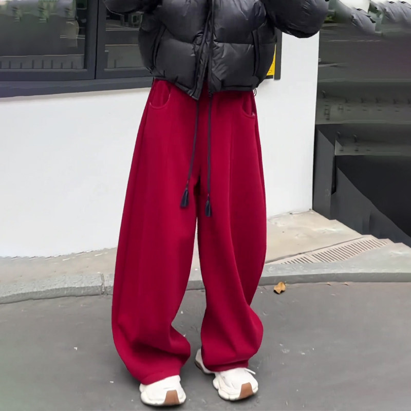 欧货高端定制红色抽绳大码阔腿裤女2025秋冬新款加厚慵懒风弯刀裤,女装/女士精品,大码裤装,淘宝优惠券,粉丝福利购,淘宝优惠卷