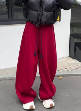 欧货高端定制红色抽绳大码阔腿裤女2025秋冬新款加厚慵懒风弯刀裤
