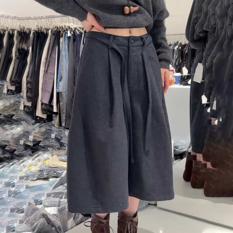 欧货高端定制深灰色毛呢阔腿裤女