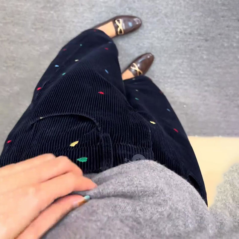 藏蓝色灯芯绒爱心刺绣阔腿裤女