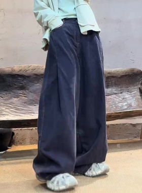 欧货高端定制灰蓝紫色大码阔腿裤女2026春夏新款松弛慵懒风弯刀裤