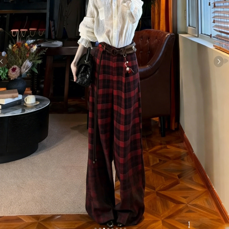 高端定制红色毛呢大码格纹阔腿裤女2025冬季新款加厚慵懒风休闲裤,女装/女士精品,大码裤装,淘宝优惠券,粉丝福利购,淘宝优惠卷