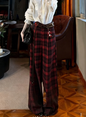 高端定制红色毛呢大码格纹阔腿裤女2025冬季新款加厚慵懒风休闲裤