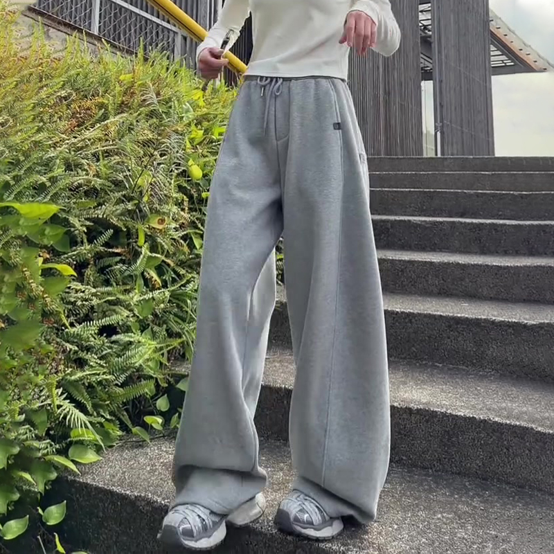 欧货高端定制灰色大码阔腿卫裤女