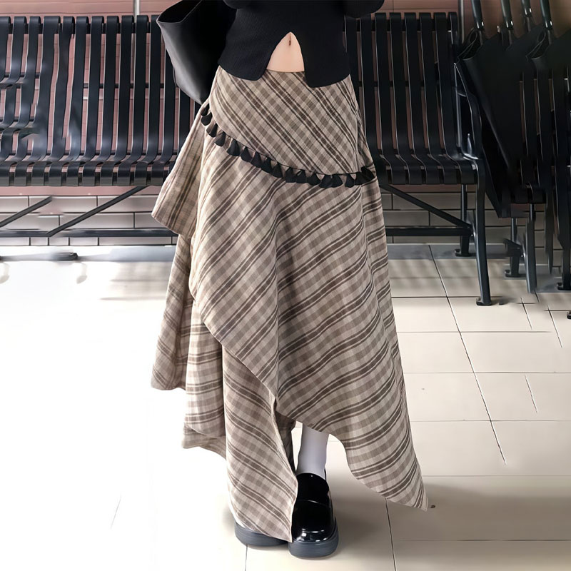 高端定制卡其色格纹大码半身裙女