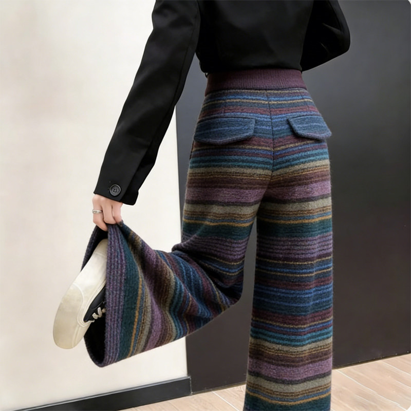 欧货高端定制藏青色毛呢大码阔腿裤女2026早春新款条纹休闲直筒裤,女装/女士精品,大码裤装,淘宝优惠券,粉丝福利购,淘宝优惠卷
