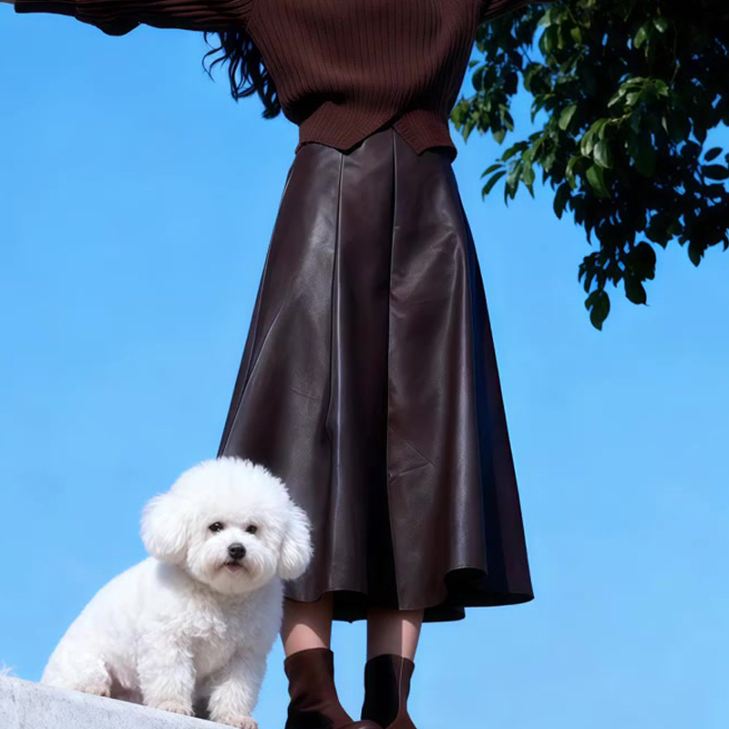 欧货高端定制棕色大码半身pu皮裙