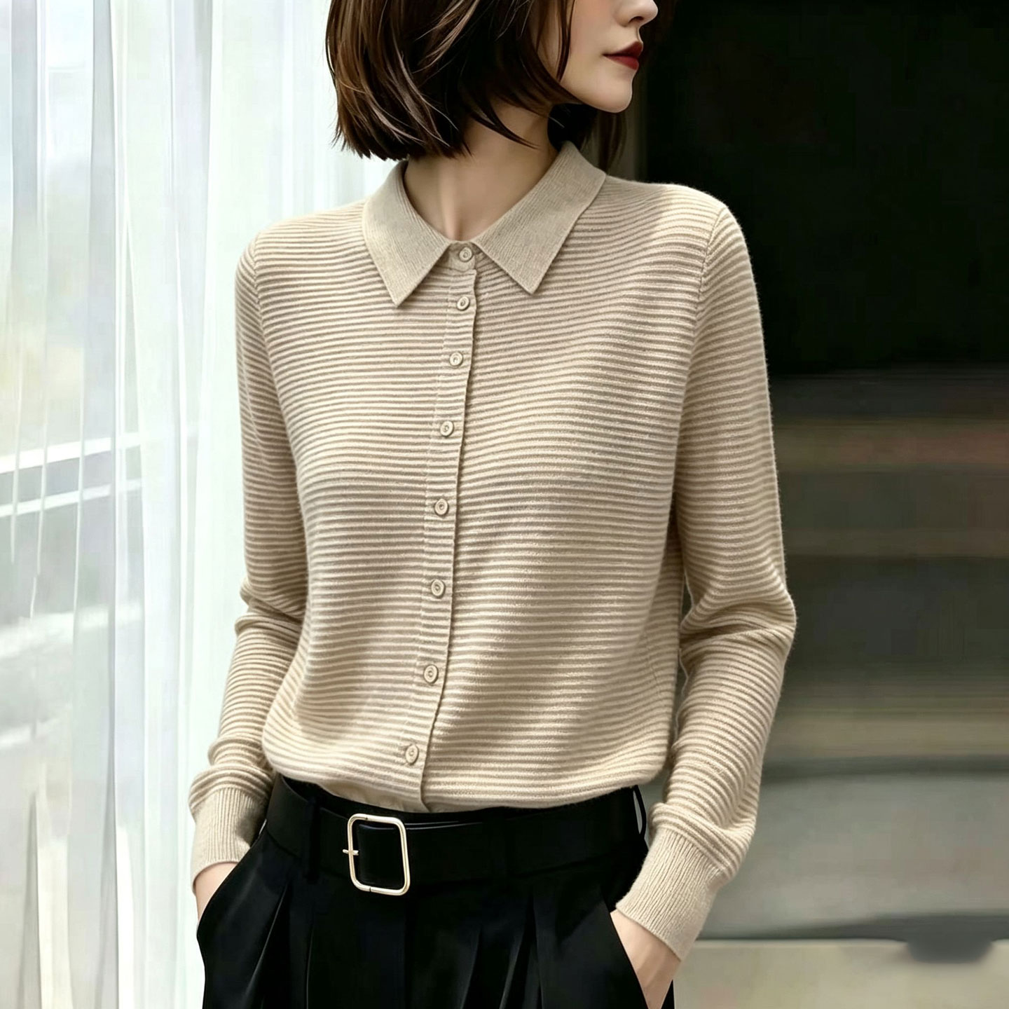 欧货高端燕麦色细条纹大码上衣女图片