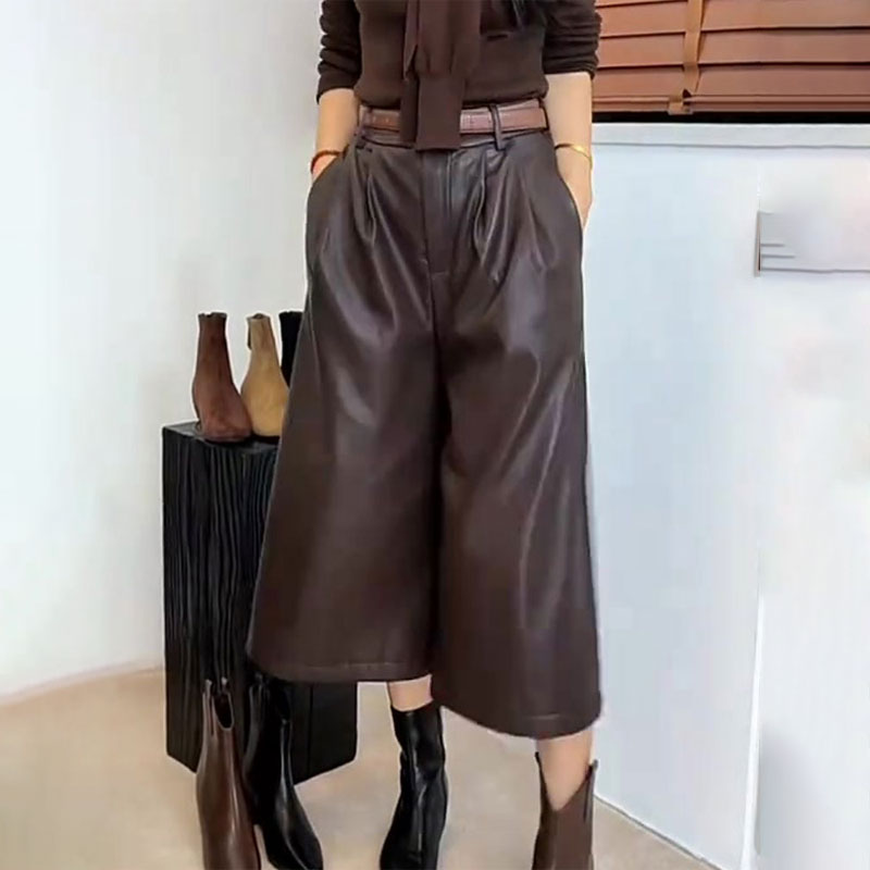 欧货高端定制棕色大码褶皱皮裤女