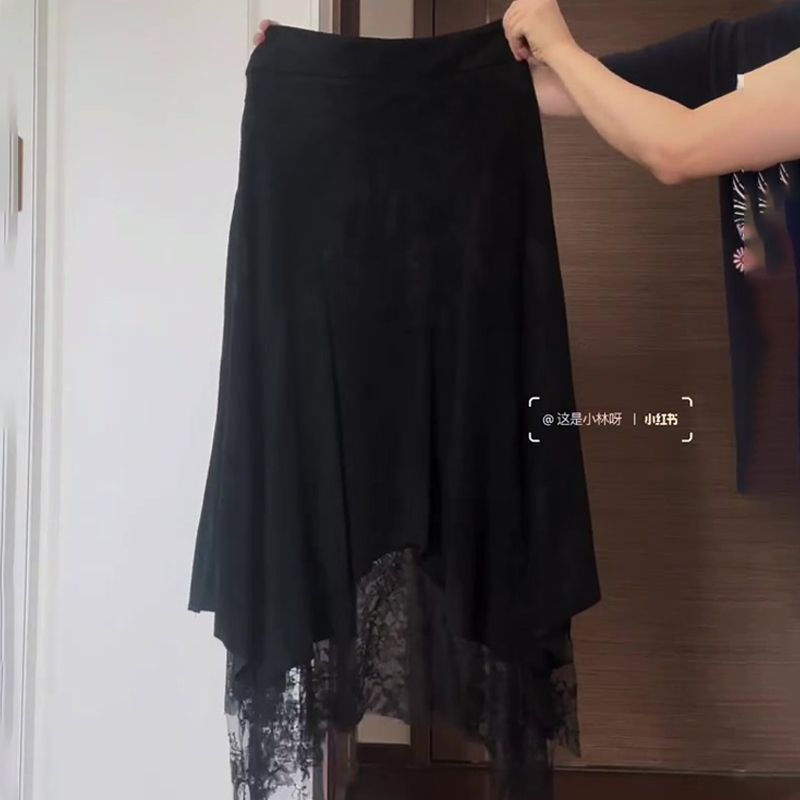 欧货高端黑色不规则蕾丝麂皮绒裙