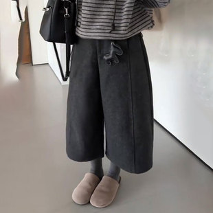加厚宽松八分休闲裤 高端定制深灰色毛呢大码 新款 女2025冬季 阔腿裤