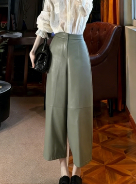 欧货高端定制绿色大码阔腿pu皮裤女2025冬季新款加厚慵懒风休闲裤