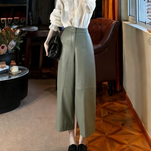 欧货高端定制绿色大码阔腿pu皮裤