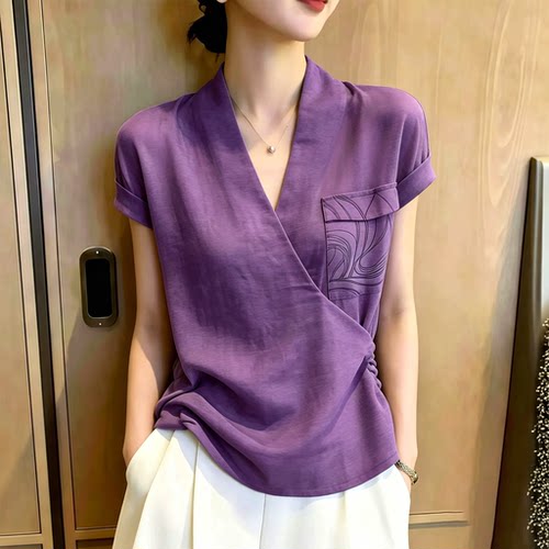 欧式高端气质紫色V领大码上衣女