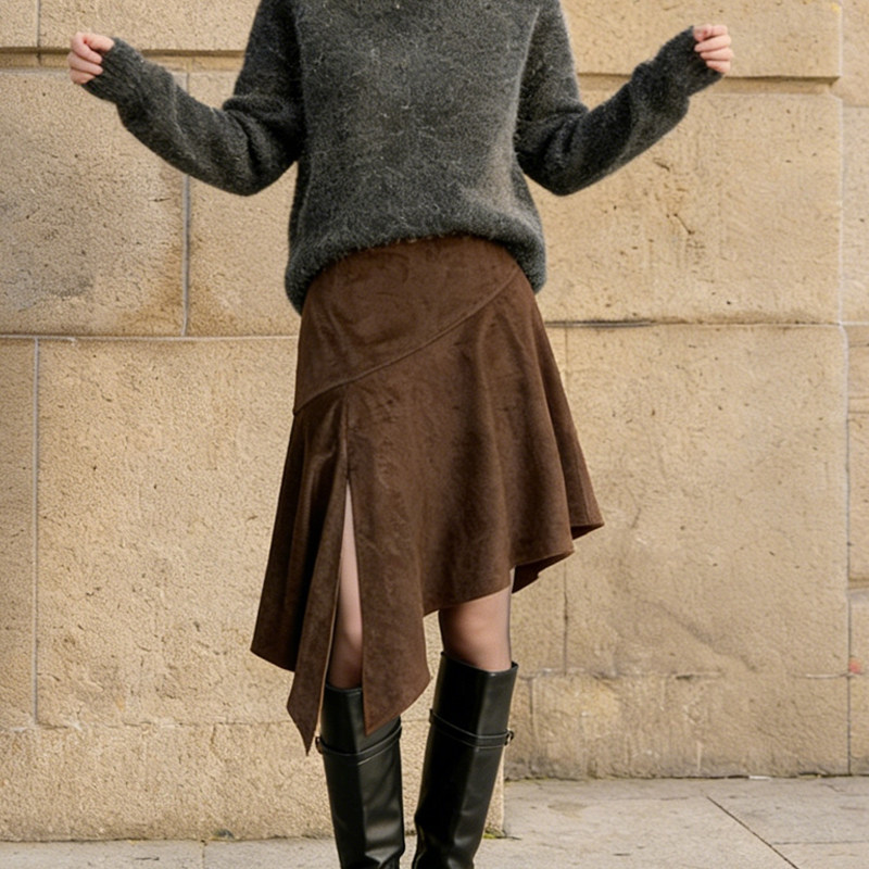 欧货高端定制棕色毛呢大码半身裙女2026早春新款不规则轻熟A字裙,女装/女士精品,大码半身裙,淘宝优惠券,粉丝福利购,淘宝优惠卷