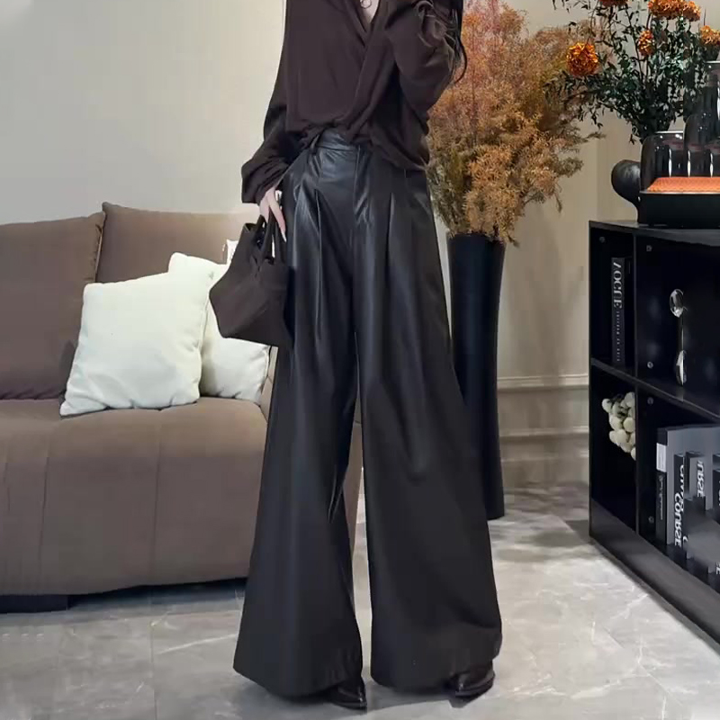 欧货高端定制棕色大码阔腿皮裤女