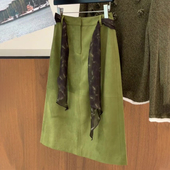 新款 欧货高端绿色复古小众大码 半身裙2025秋季 高腰显瘦定制a字裙