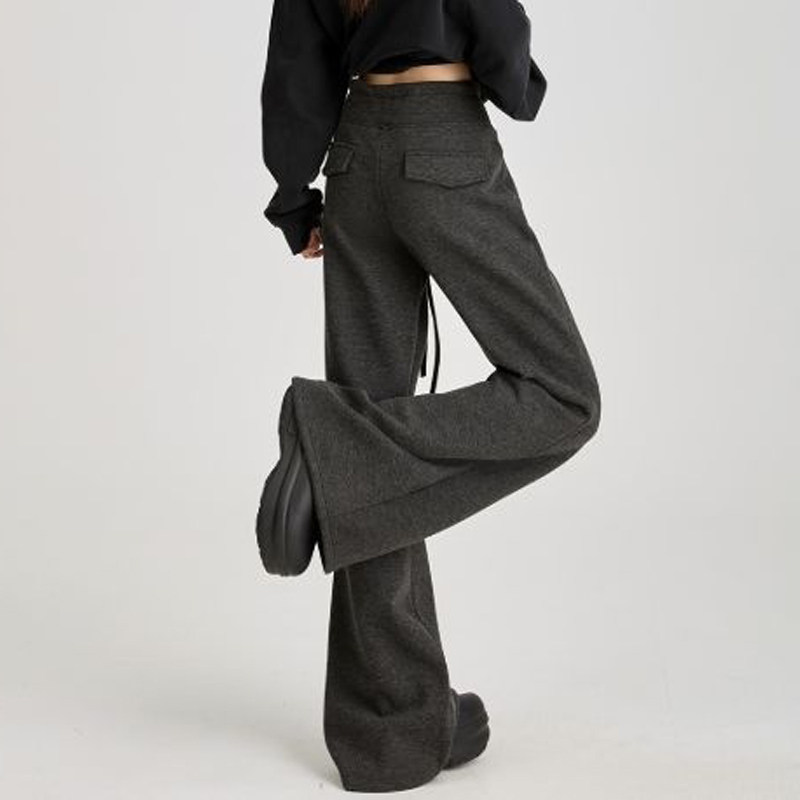 欧货高端定制深灰色毛呢大码阔腿裤女2026早春新款抽绳休闲直筒裤,女装/女士精品,大码裤装,淘宝优惠券,粉丝福利购,淘宝优惠卷