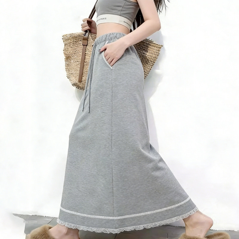 欧货高端定制浅灰色抽绳大码半身裙女2026早春新款蕾丝拼接A字裙,女装/女士精品,大码半身裙,淘宝优惠券,粉丝福利购,淘宝优惠卷