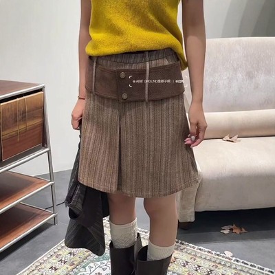定制咖色条纹设计感大码半身裙女