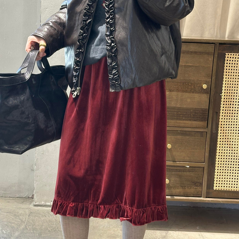 高端定制朱红色丝绒大码半身裙女