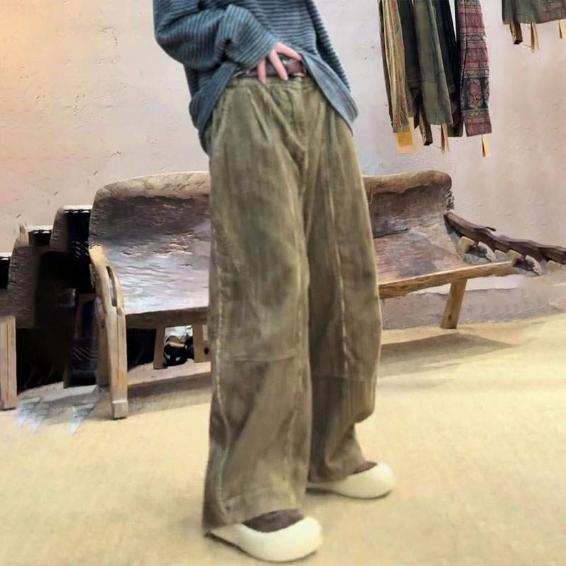 欧货军绿色灯芯绒大码阔腿裤女
