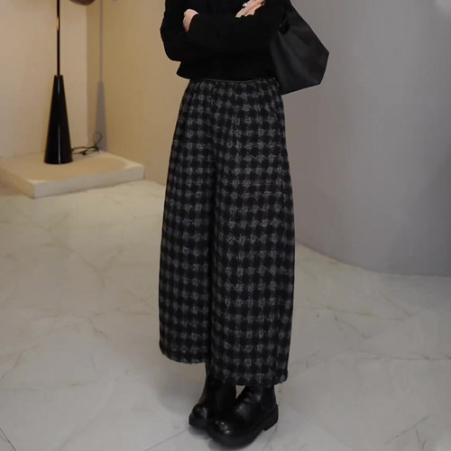 高端定制黑灰色毛呢格纹阔腿裤女